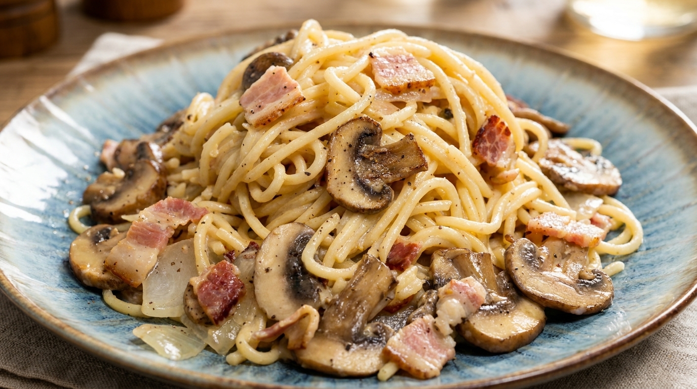 Pasta Cremosa con Pancetta e Funghi