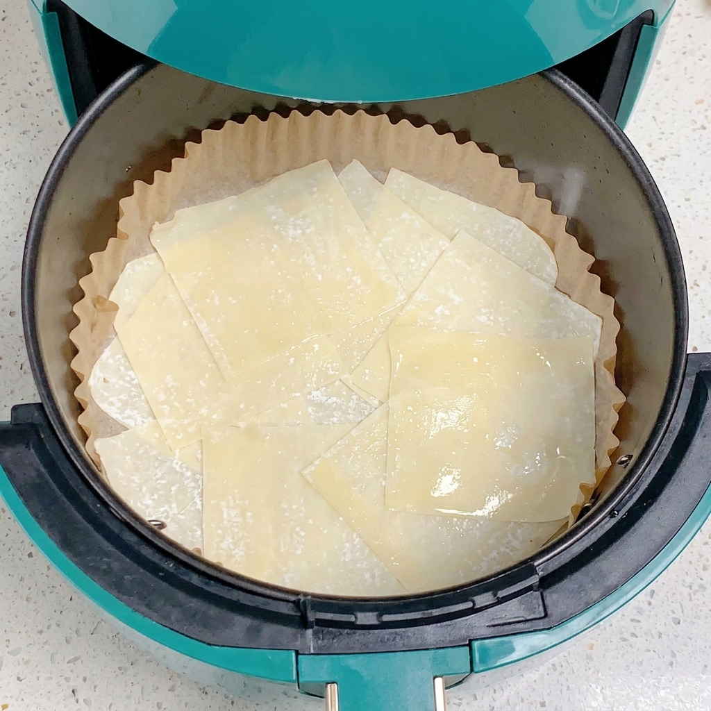 Uno strato di fogli di wonton quadrati brillanti per un leggero strato dolio nel cestello della friggitrice ad aria.
