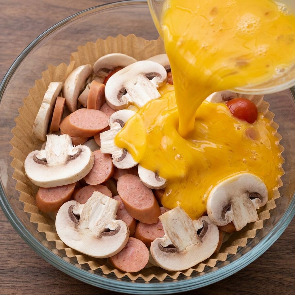Composto di uova sbattute versato sugli ingredienti disposti nella friggitrice ad aria.
