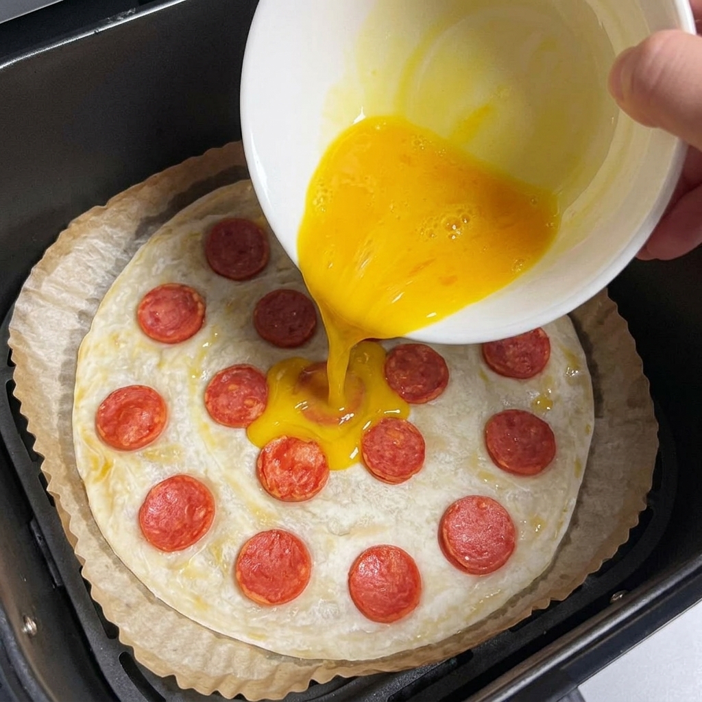 Il composto di uova viene versato da una ciotola sul pancake con salsiccia.