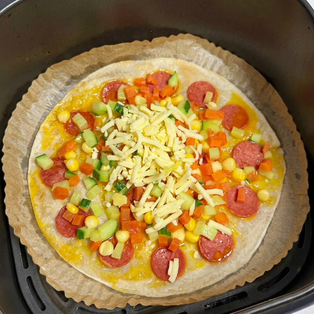 Pizza di pancake guarnita con verdure e uno strato generoso di mozzarella grattugiata.