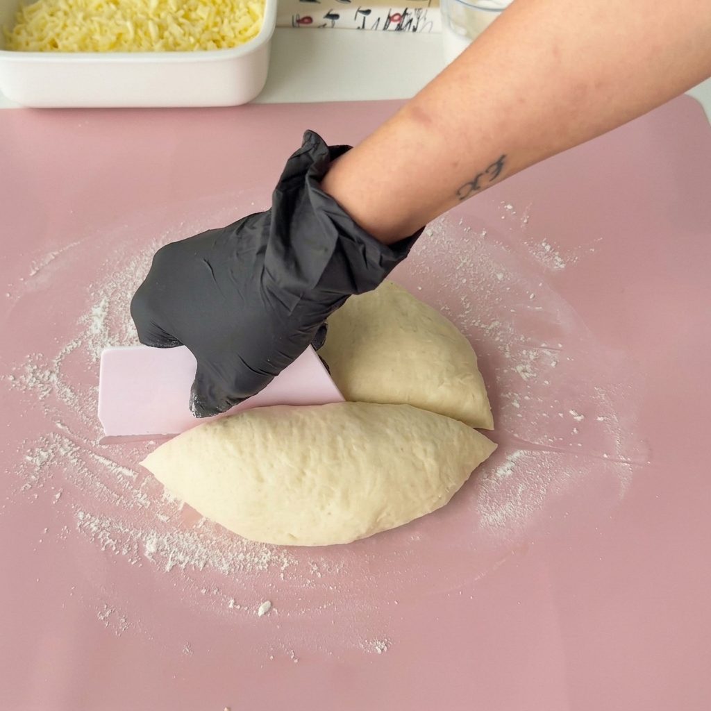 Una porzione di impasto per pizza appiattita su un tappetino in silicone con un mattarello.
