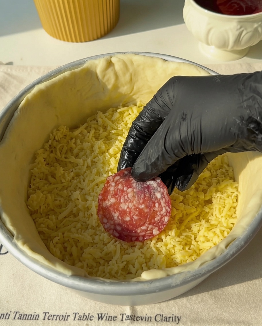 Fette di salame disposte sopra il ripieno di formaggio nello stampo.