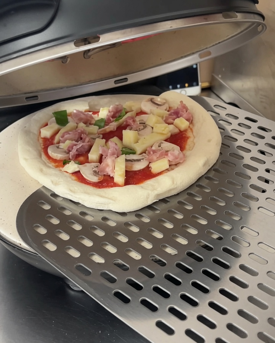 Una pizza cruda farcita su una pala di metallo pronta per essere inserita in un fornetto elettrico per pizza.