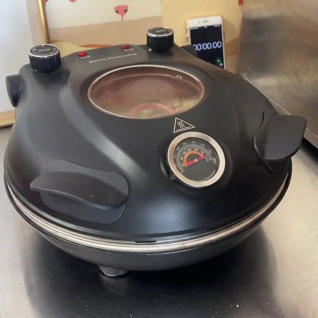 Un fornetto elettrico per pizza nero con coperchio chiuso e termometro visibile.