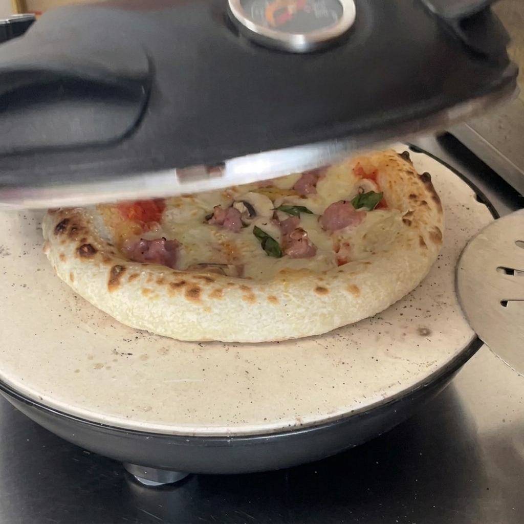 Una pizza dorata con formaggio gorgogliante su una pietra allinterno di un forno da banco.