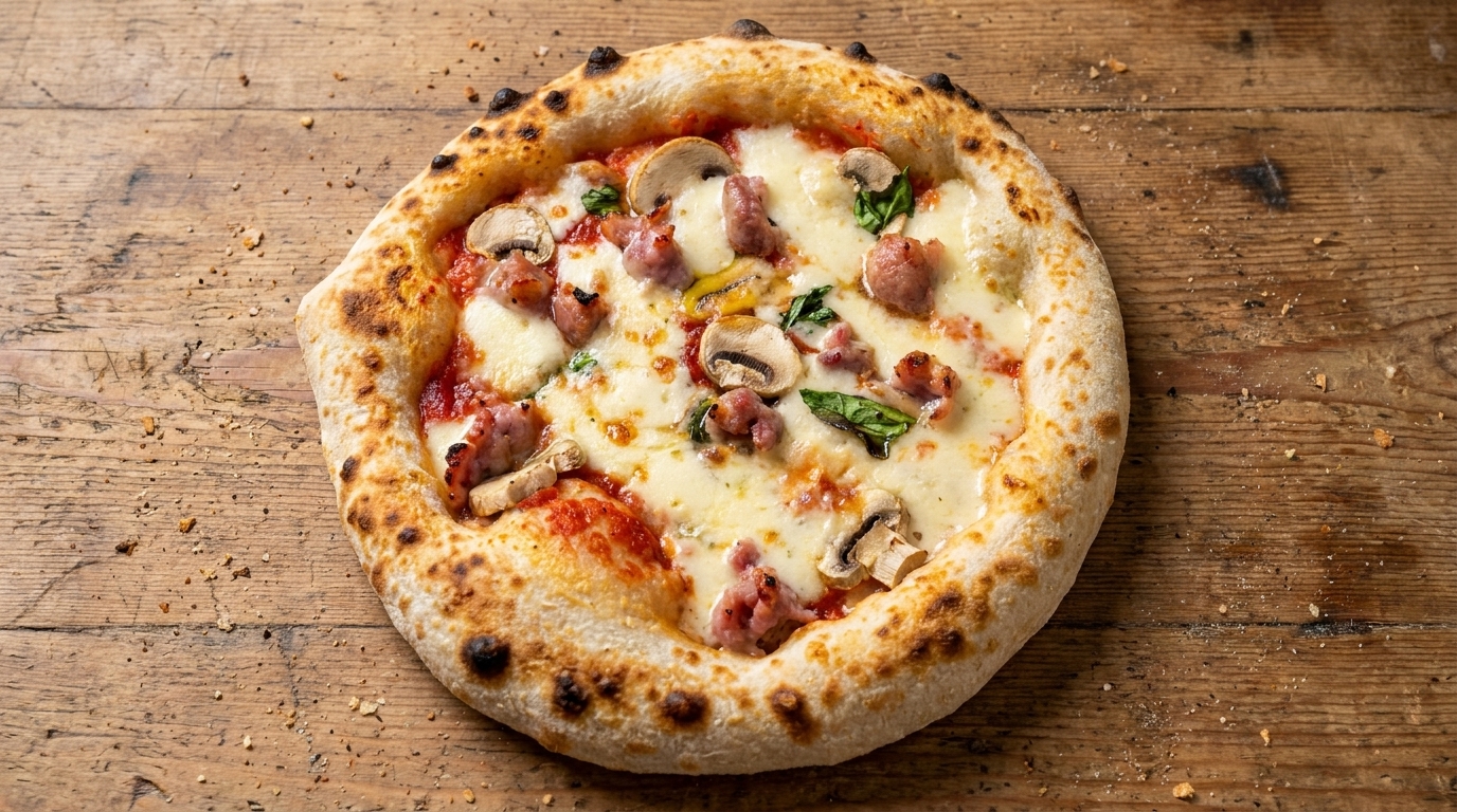 Pizza rustica con funghi, salsiccia e pancetta