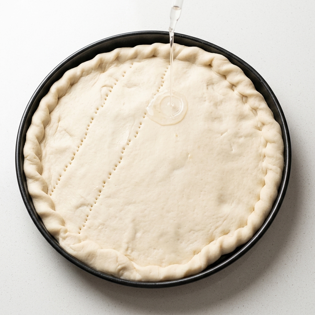 Una base per pizza in una teglia rotonda bucherellata con una forchetta.