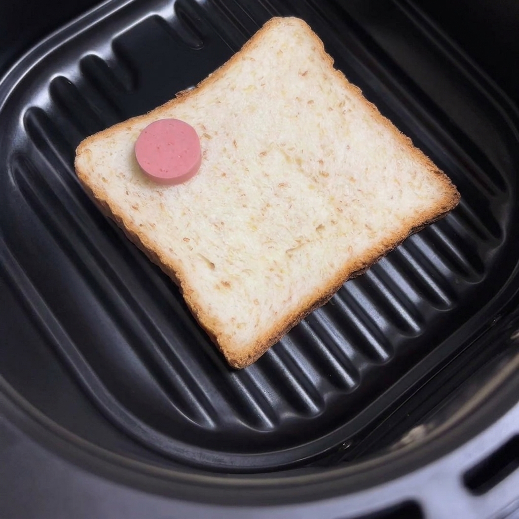 Fettine di würstel rosa disposte sopra la fetta di pane nella friggitrice ad aria.