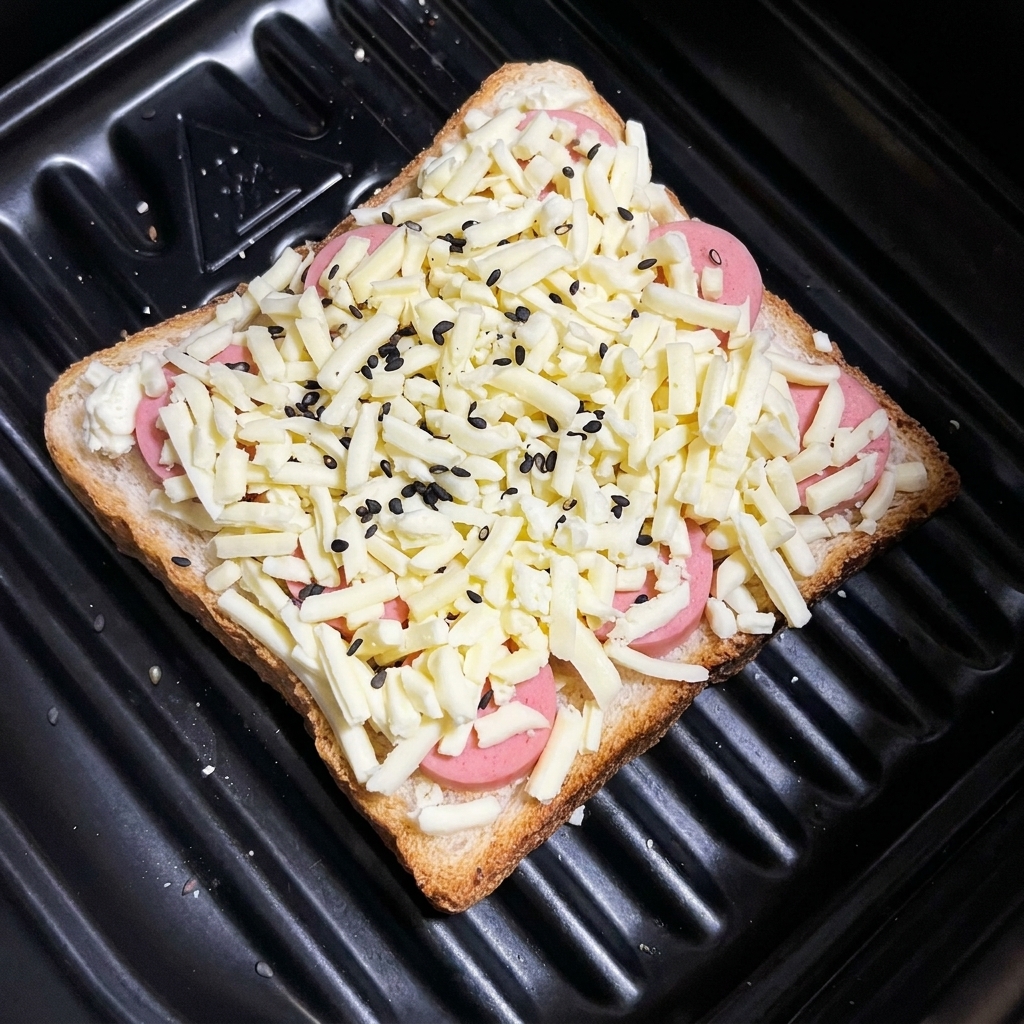 Il toast con würstel e formaggio completato con una spolverata di semi di sesamo nero.
