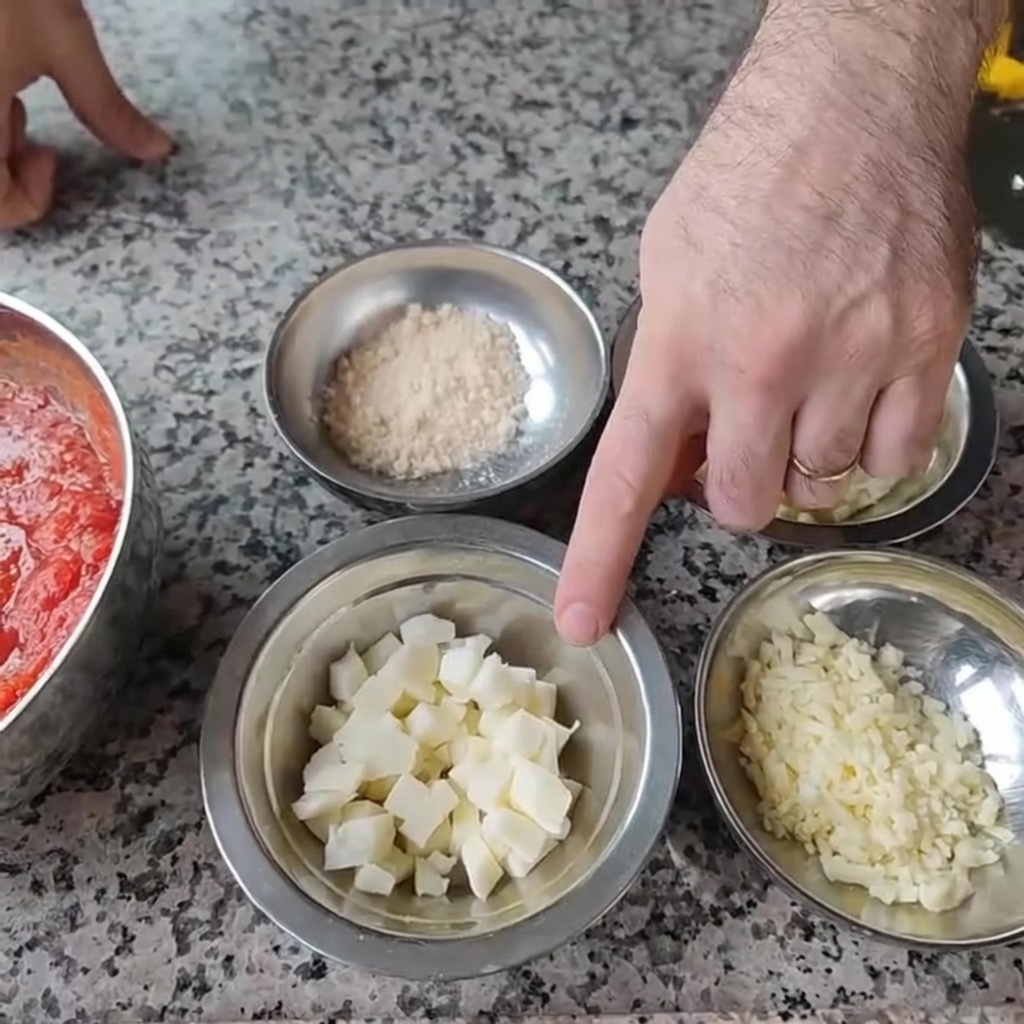 Assortimento di sei tipi di formaggi in ciotole di metallo su un piano di lavoro in marmo.