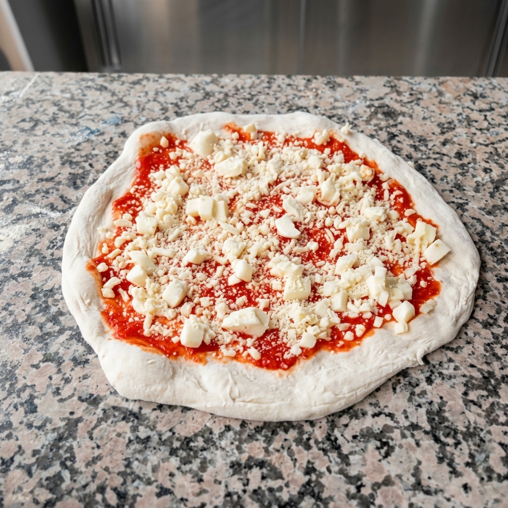 Cospargere il formaggio duro grattugiato e le erbe essiccate sulla pizza assemblata.