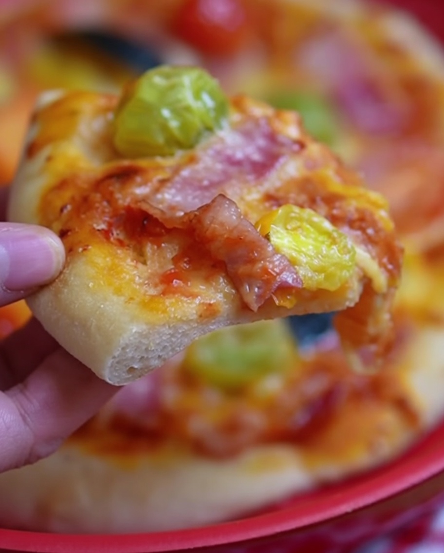 Pizza guarnita con mozzarella, pomodorini infusi e fette di pancetta, pronta per il forno.