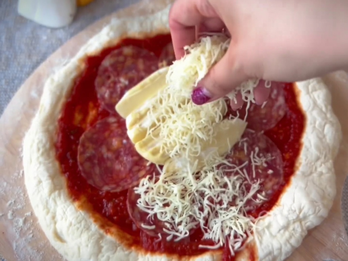 Una mano che distribuisce la mozzarella grattugiata sulla pizza condita.