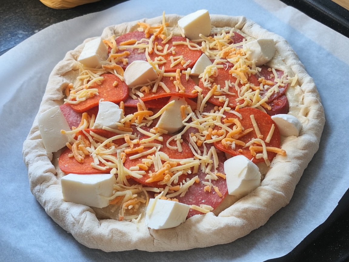 La pizza assemblata su carta forno pronta per essere infornata.