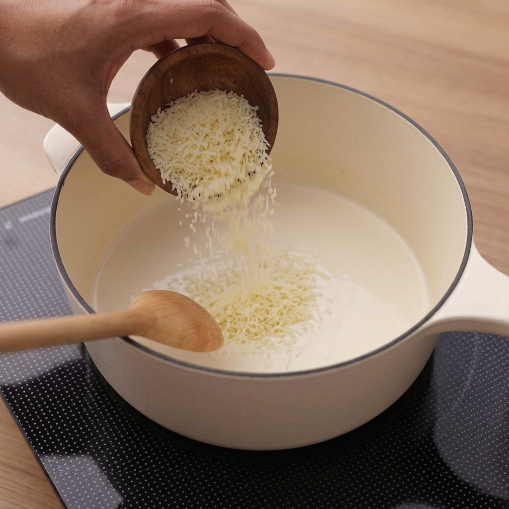 Parmigiano grattugiato che cade da una ciotolina in una salsa bianca cremosa.