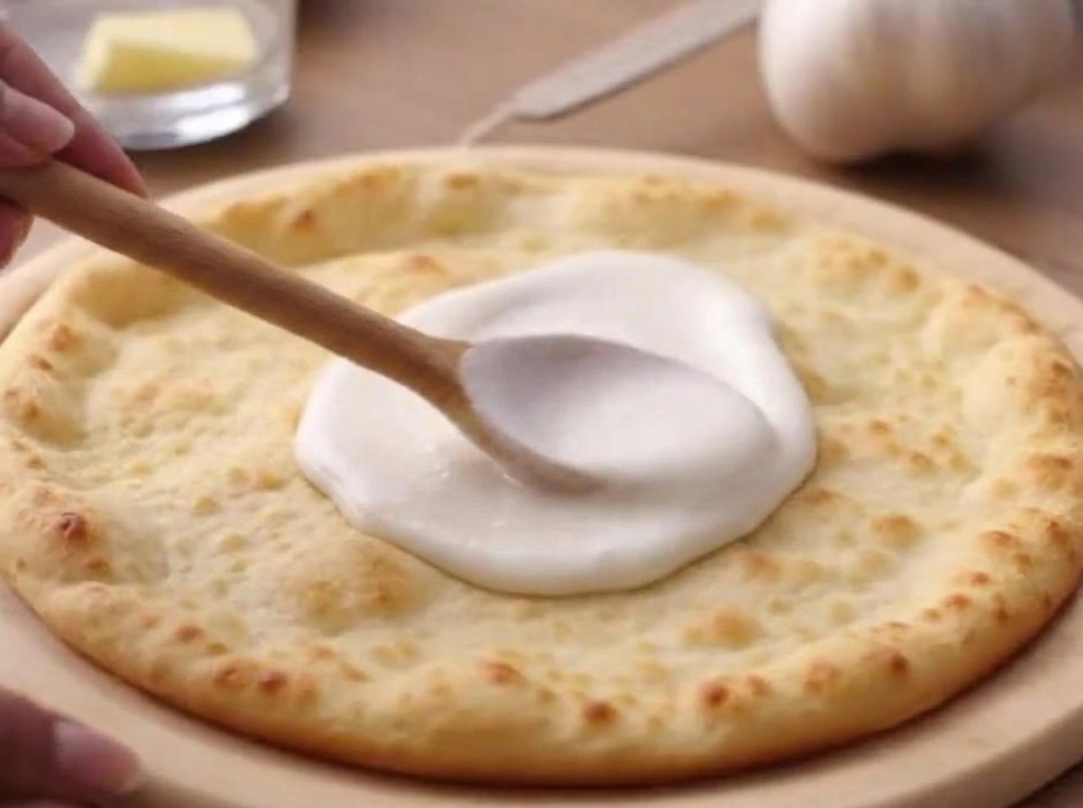 Salsa bianca spalmata uniformemente su una base per pizza rotonda con un cucchiaio di legno.