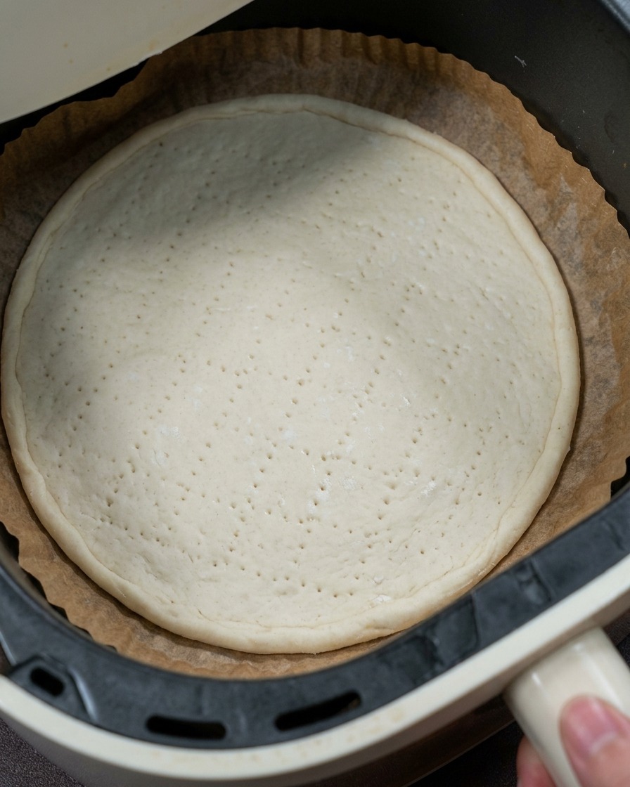 Un cestello di friggitrice ad aria con la base bucherellata che viene inserita nellelettrodomestico.
