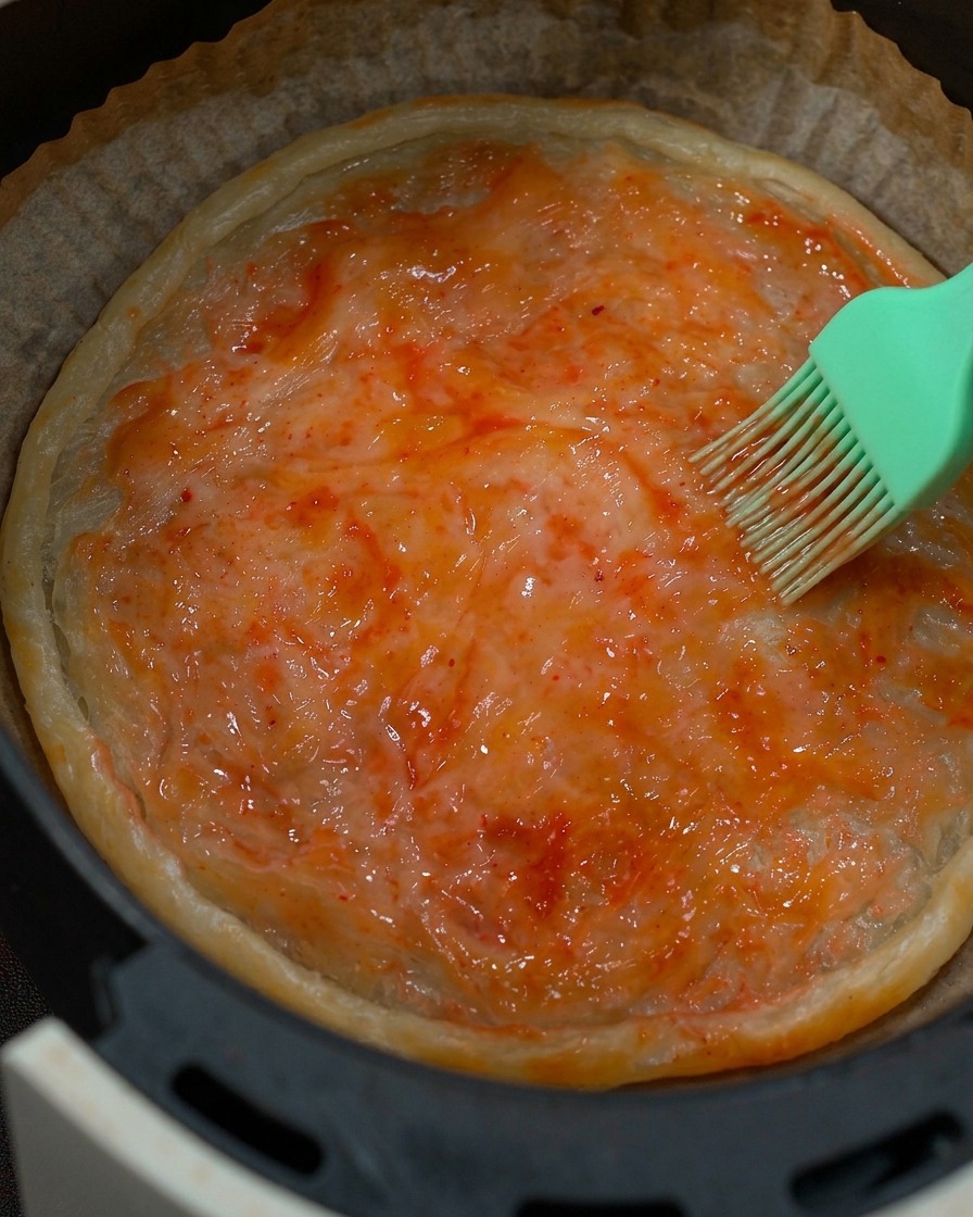 Un pennello in silicone verde che stende salsa di pomodoro rossa sulla superficie della base dorata.
