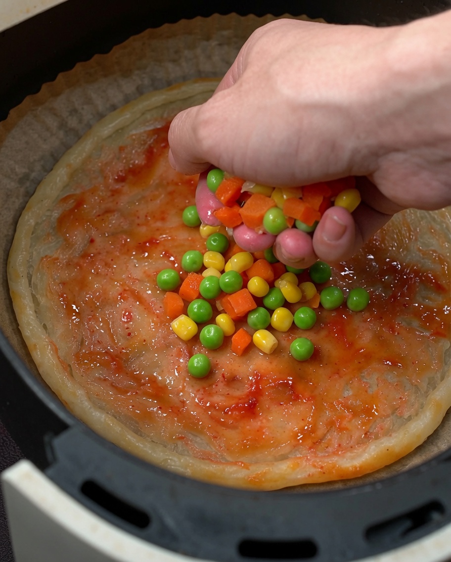 Una mano che sparge verdure miste colorate, inclusi carote a dadini, piselli e mais, sulla base della pizza condita.