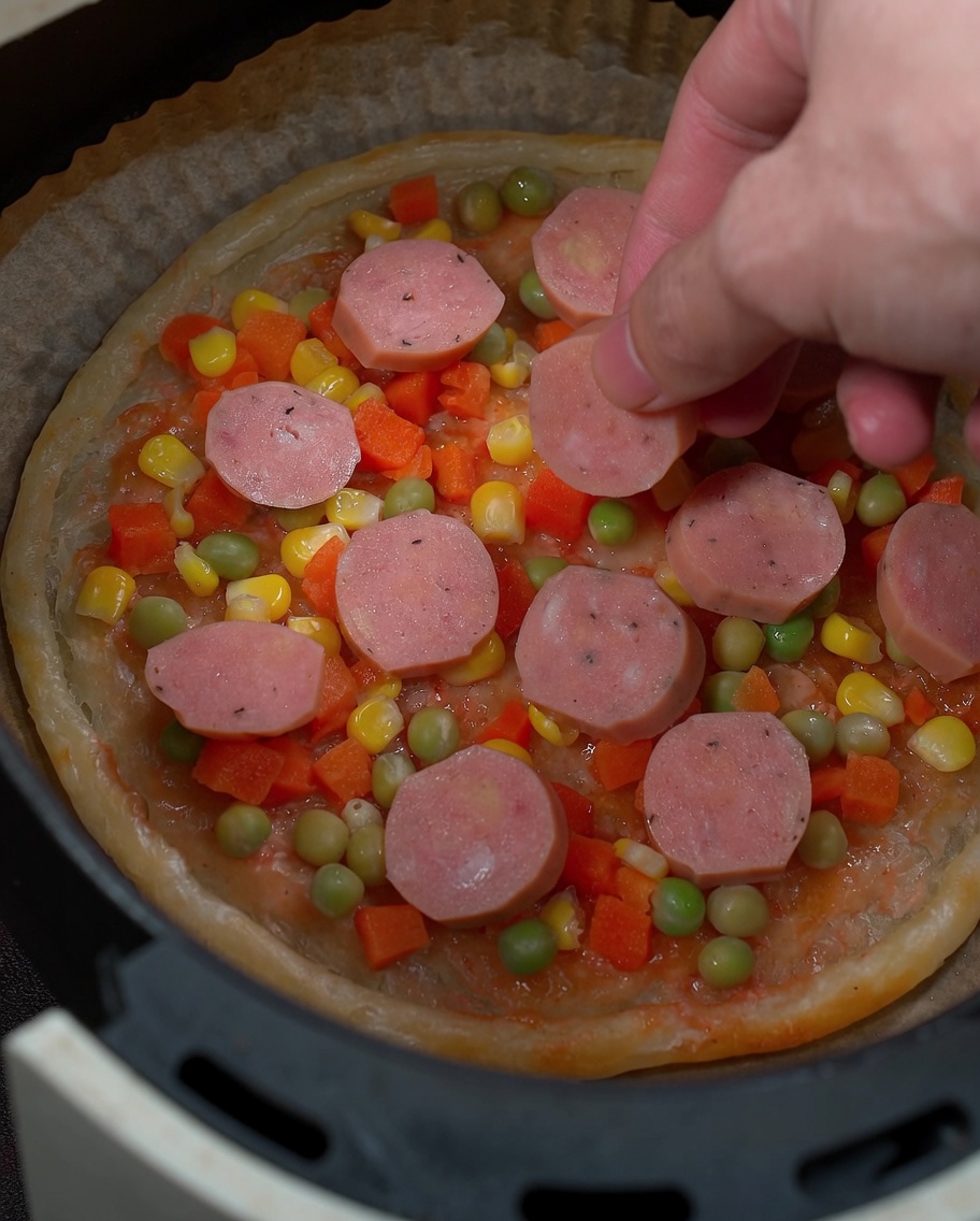 Una mano che posiziona fettine circolari di salsiccia sopra lo strato di verdure della pizza.