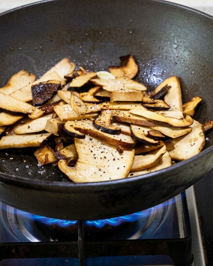 Funghi affettati che saltano in padella con aglio e spezie.