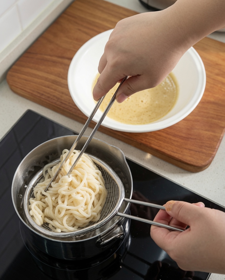 Noodle per ramen bolliti, sollevati da una pentola con un colino di metallo e adagiati nella ciotola del brodo preparato.