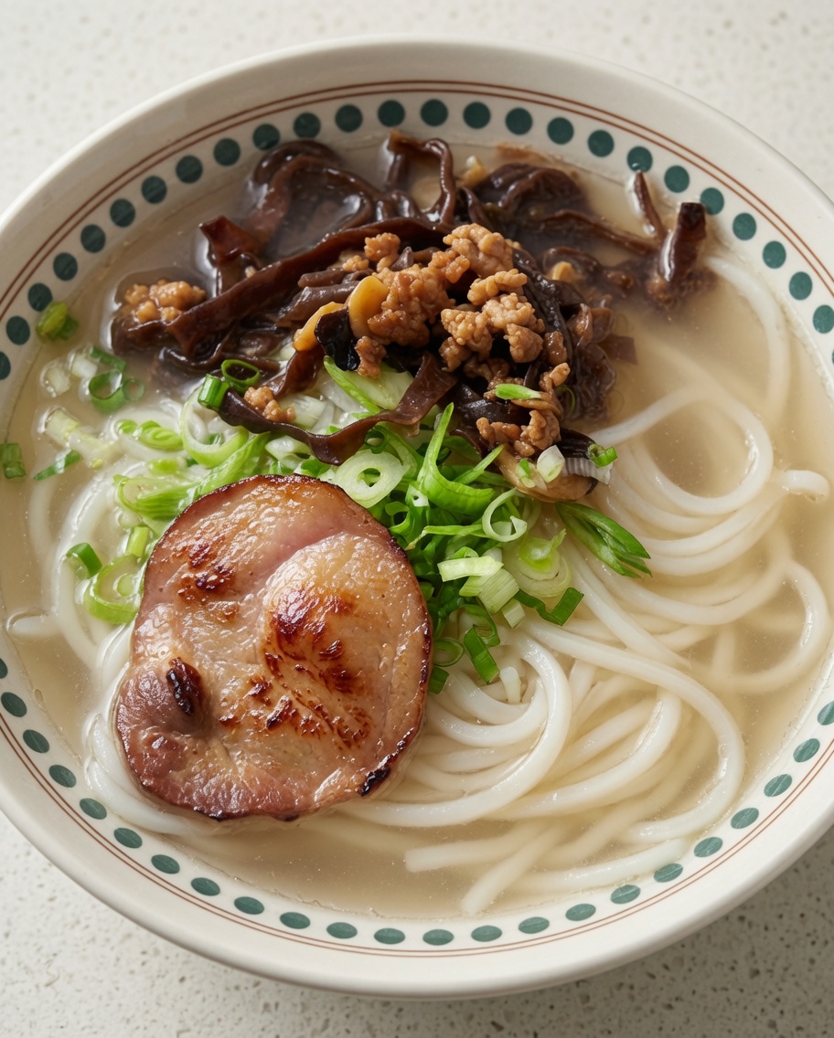 Primo piano di una ciotola di ramen con noodles, funghi, carne e fette di Chashu.