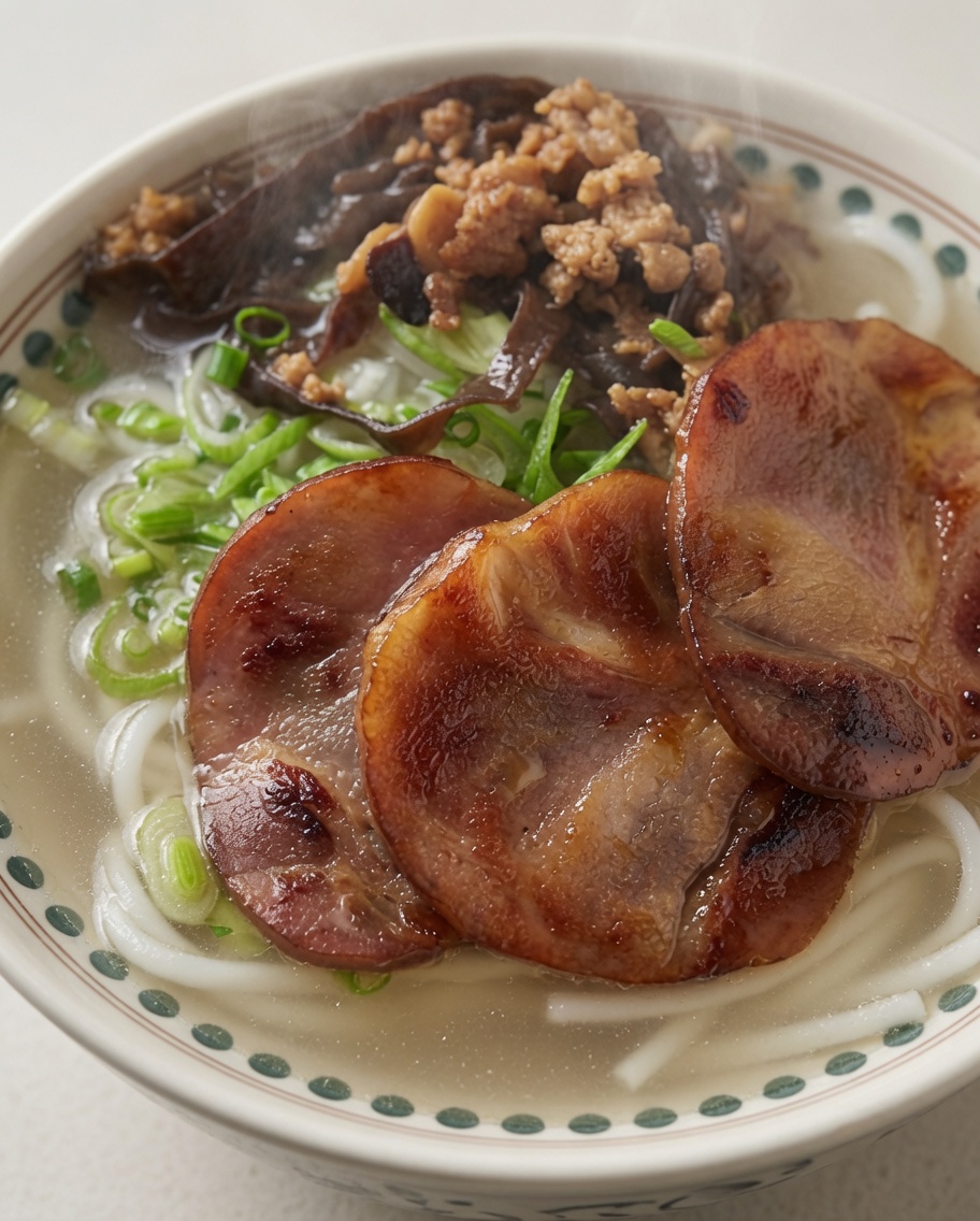 Ciotola finita con Chashu, funghi, carne, bambù e uovo.
