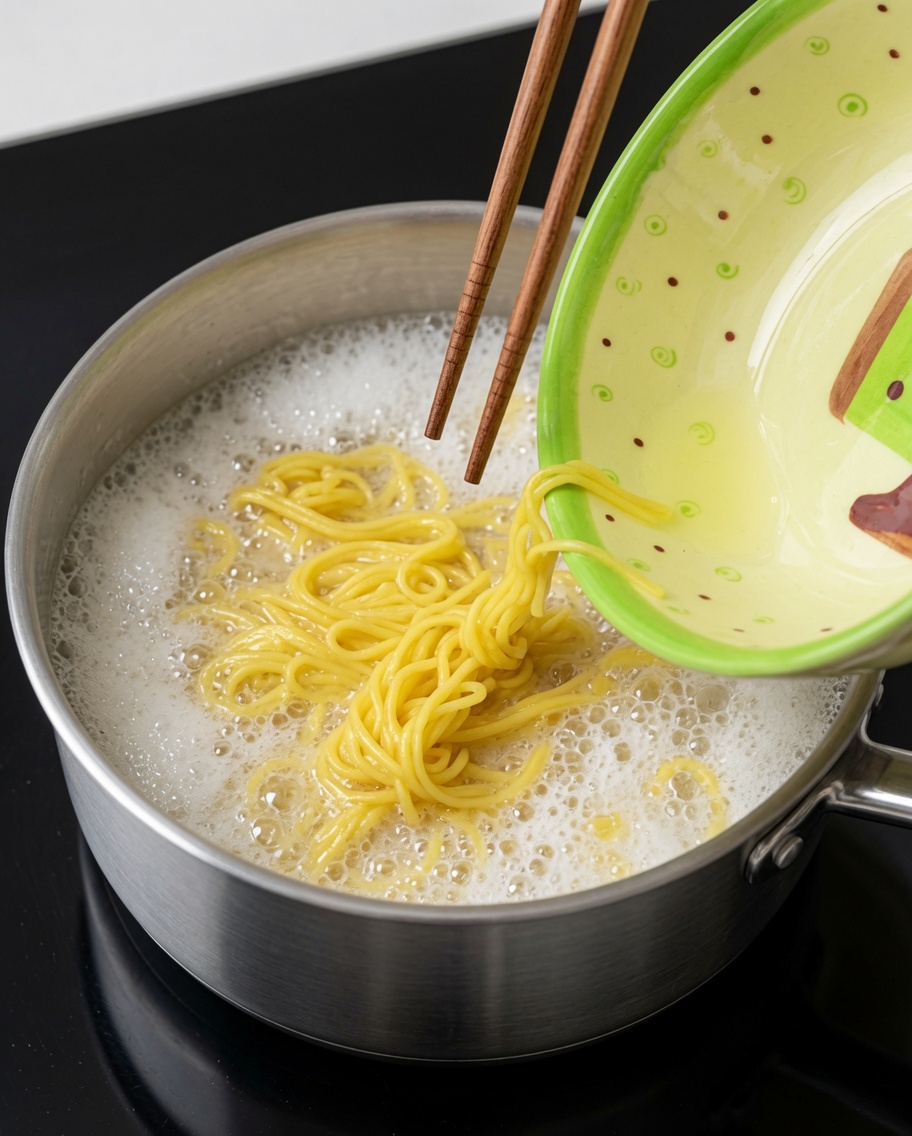Maiale chashu, osso di maiale e funghi orecchie di legno aggiunti alla pentola di ramen.