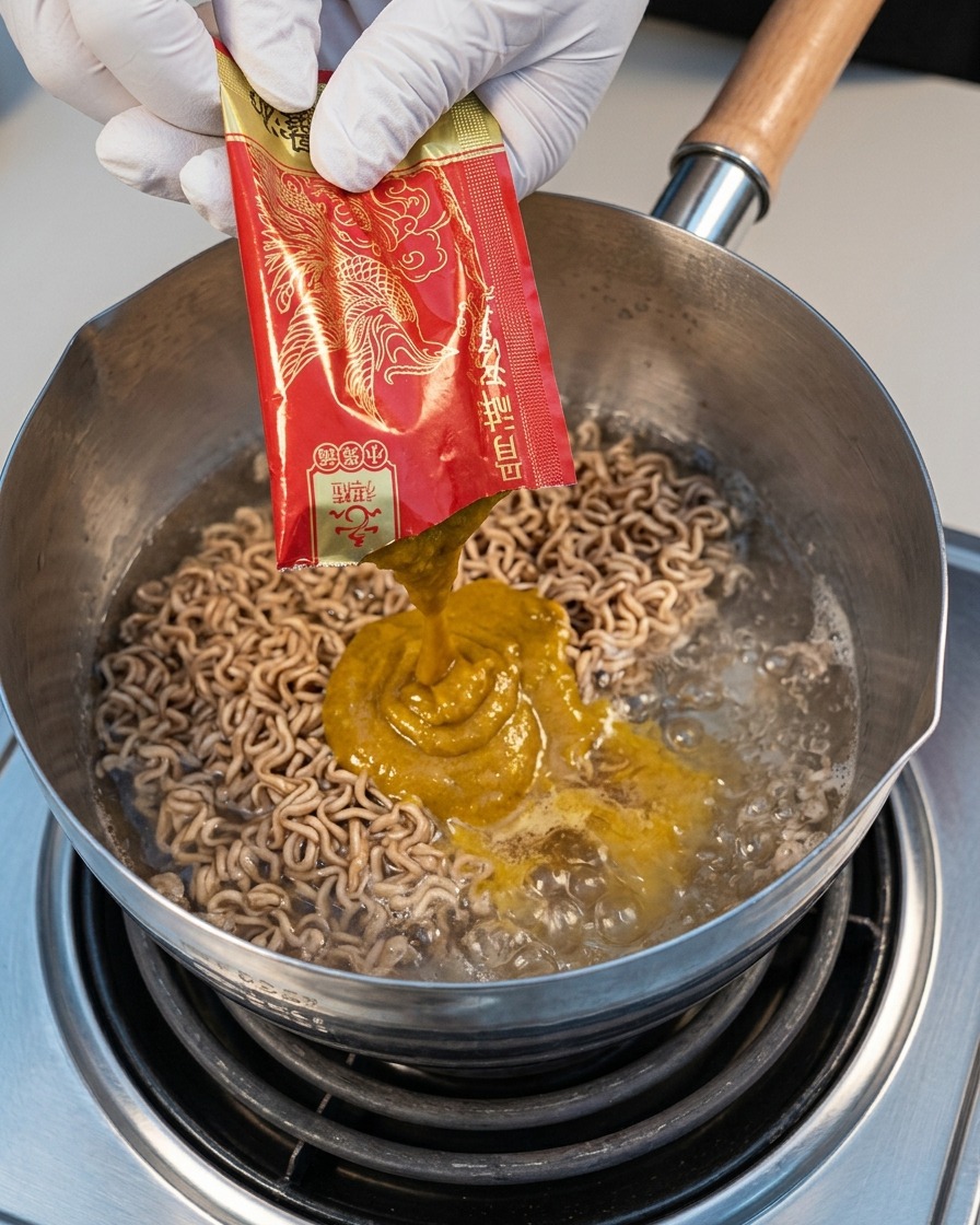 Preparato per brodo di maiale giapponese spremuto da una bustina nellacqua bollente.