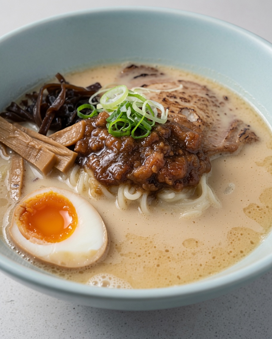 Ciotola di ramen finita guarnita con cipollotto, scalogno fritto e fogli di alga nori.