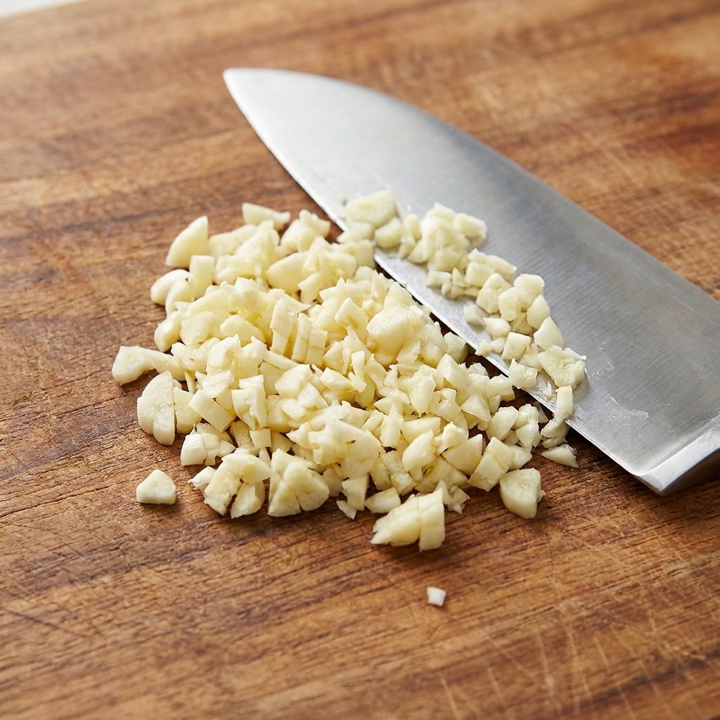 Un piccolo mucchio di aglio finemente tritato su un tagliere di legno accanto a un coltello da chef.
