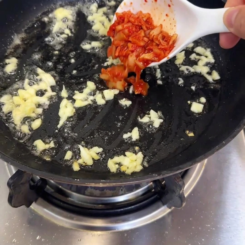 Pezzi di kimchi aggiunti a una padella con aglio dorato saltato.