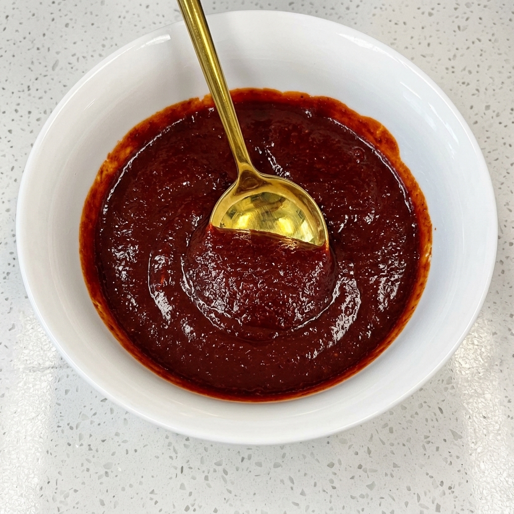 Blocco di noodle per ramen istantaneo inserito nel brodo rosso bollente di kimchi.