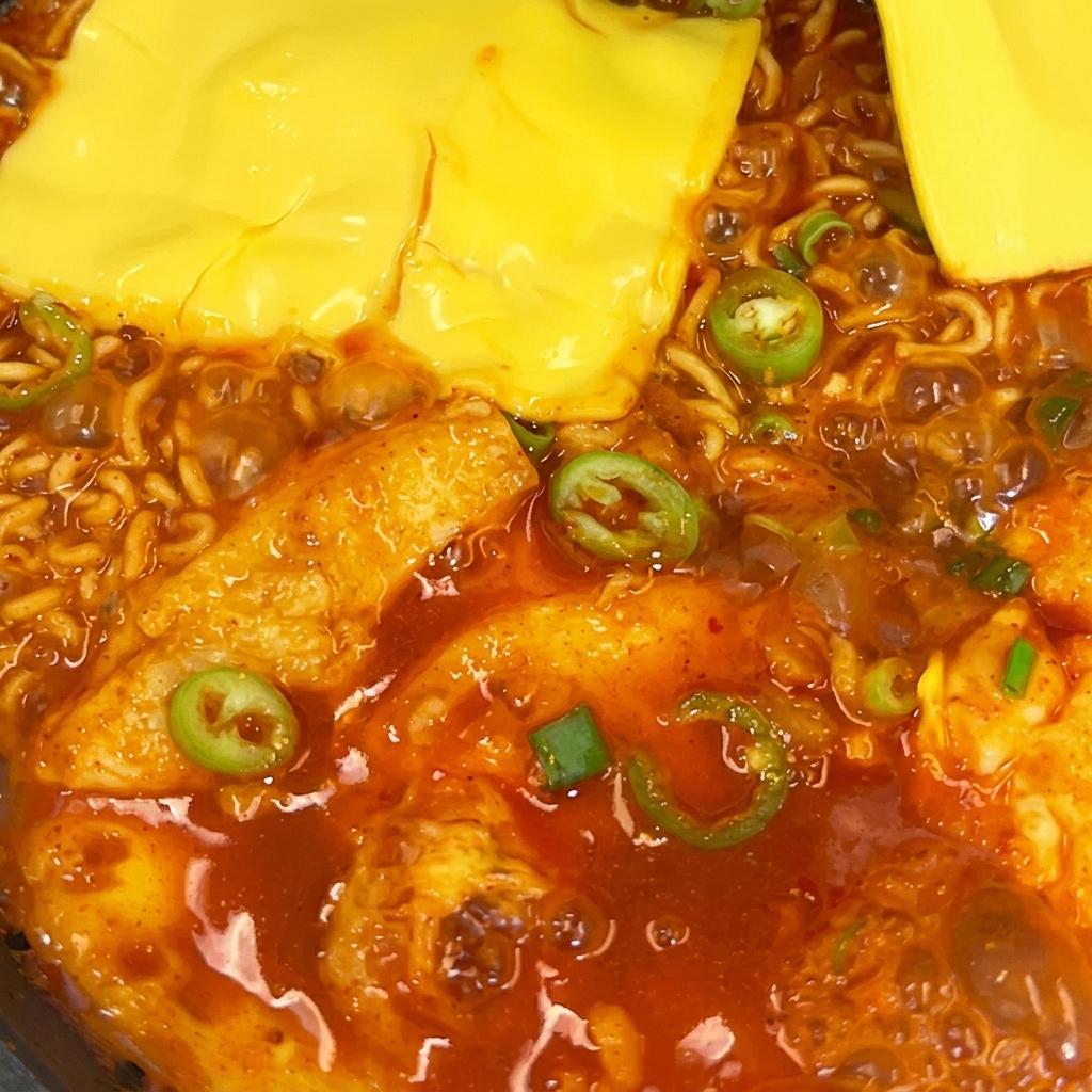 Due fette di formaggio che si sciolgono sopra i noodle ramen piccanti in una padella.
