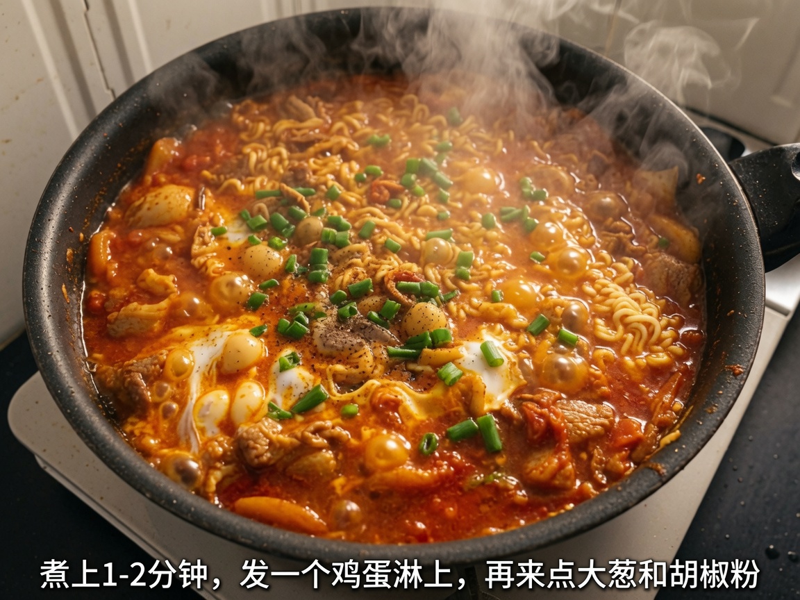 Primo piano del ramen maiale e kimchi finito, guarnito con cipollotto fresco e pepe.