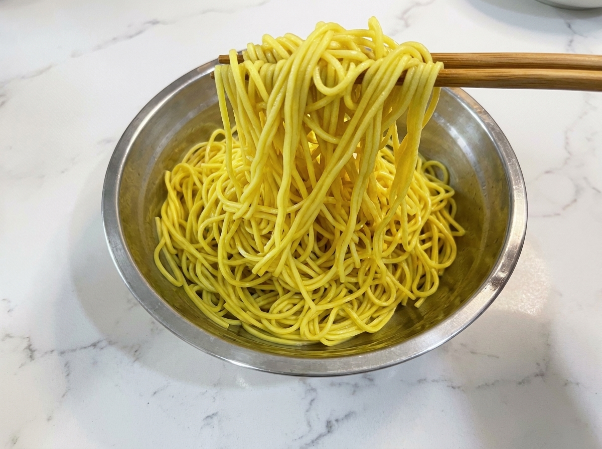 Una porzione di noodles aggiunta in padella insieme a pancetta e verdure.
