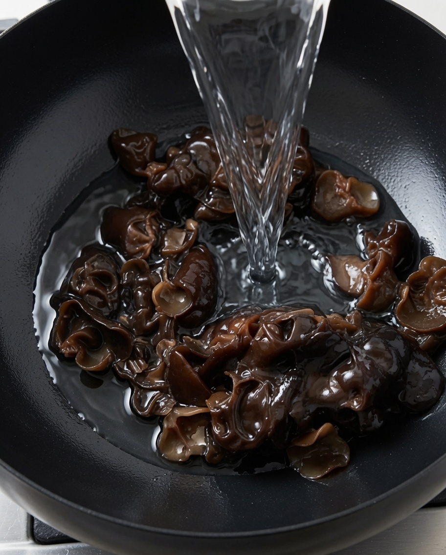 Acqua versata in una pentola contenente funghi orecchio di Giuda.
