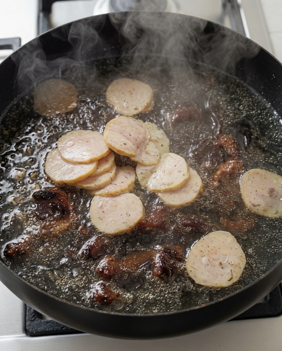 Tortini di pesce e striscioline di salsiccia aggiunti a una pentola di zuppa bollente.