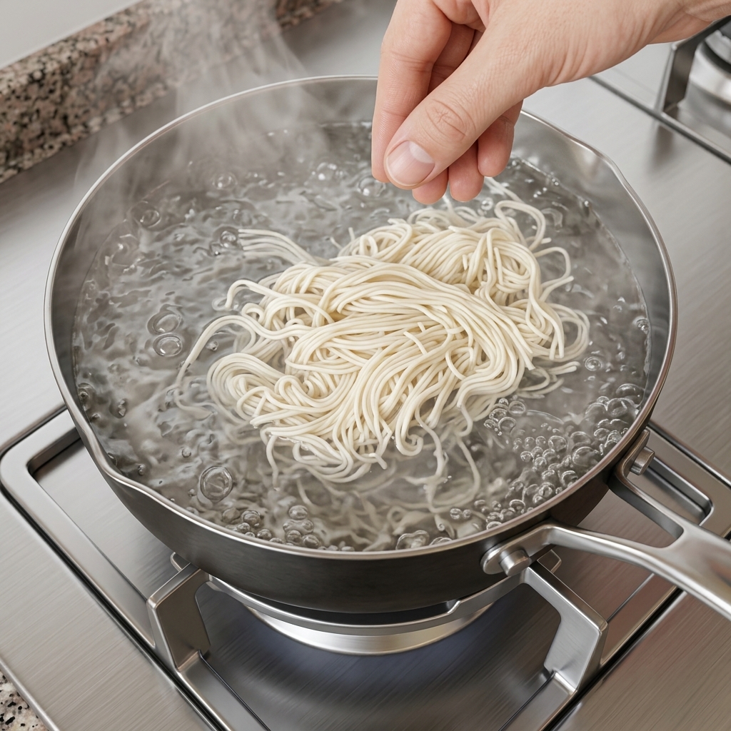 Noodle sottili freschi che bollono in una pentola dacqua.