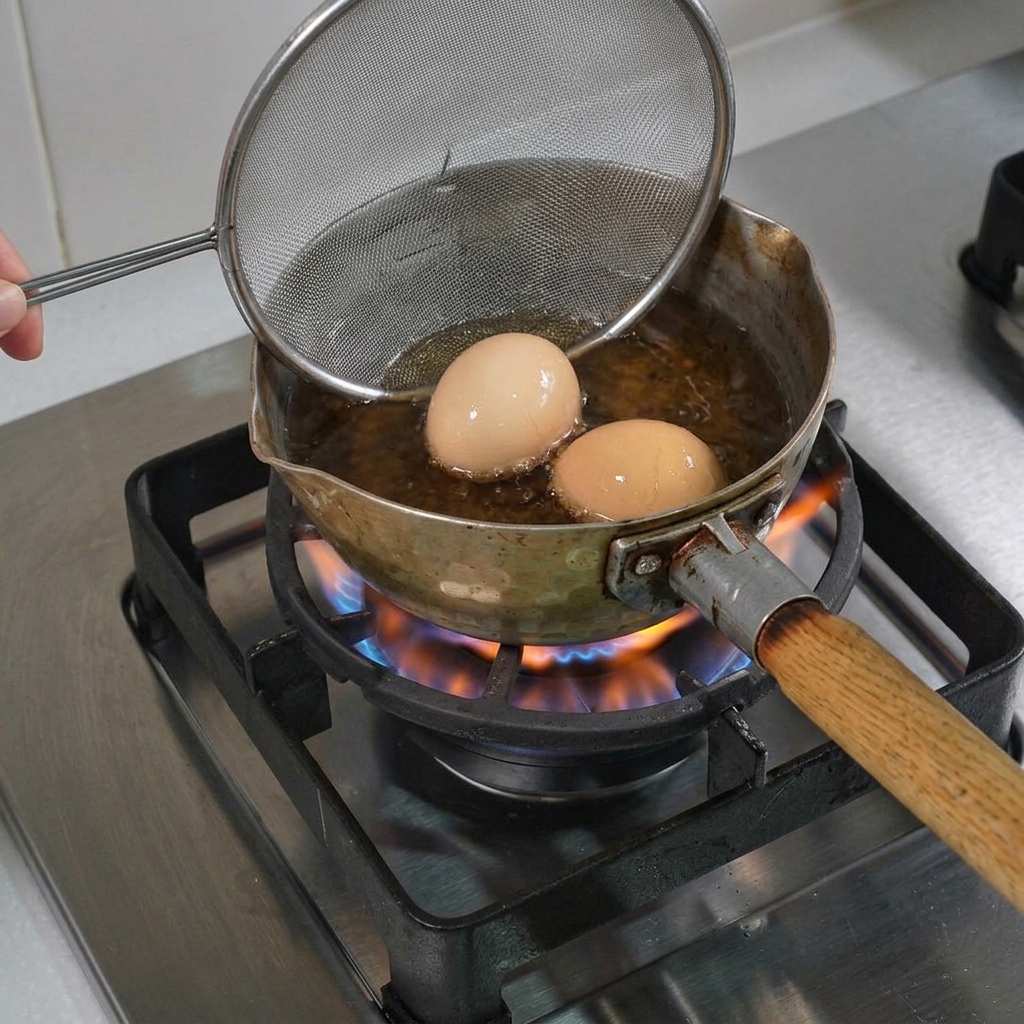 Due uova estratte da una pentola di acqua bollente con una schiumarola.