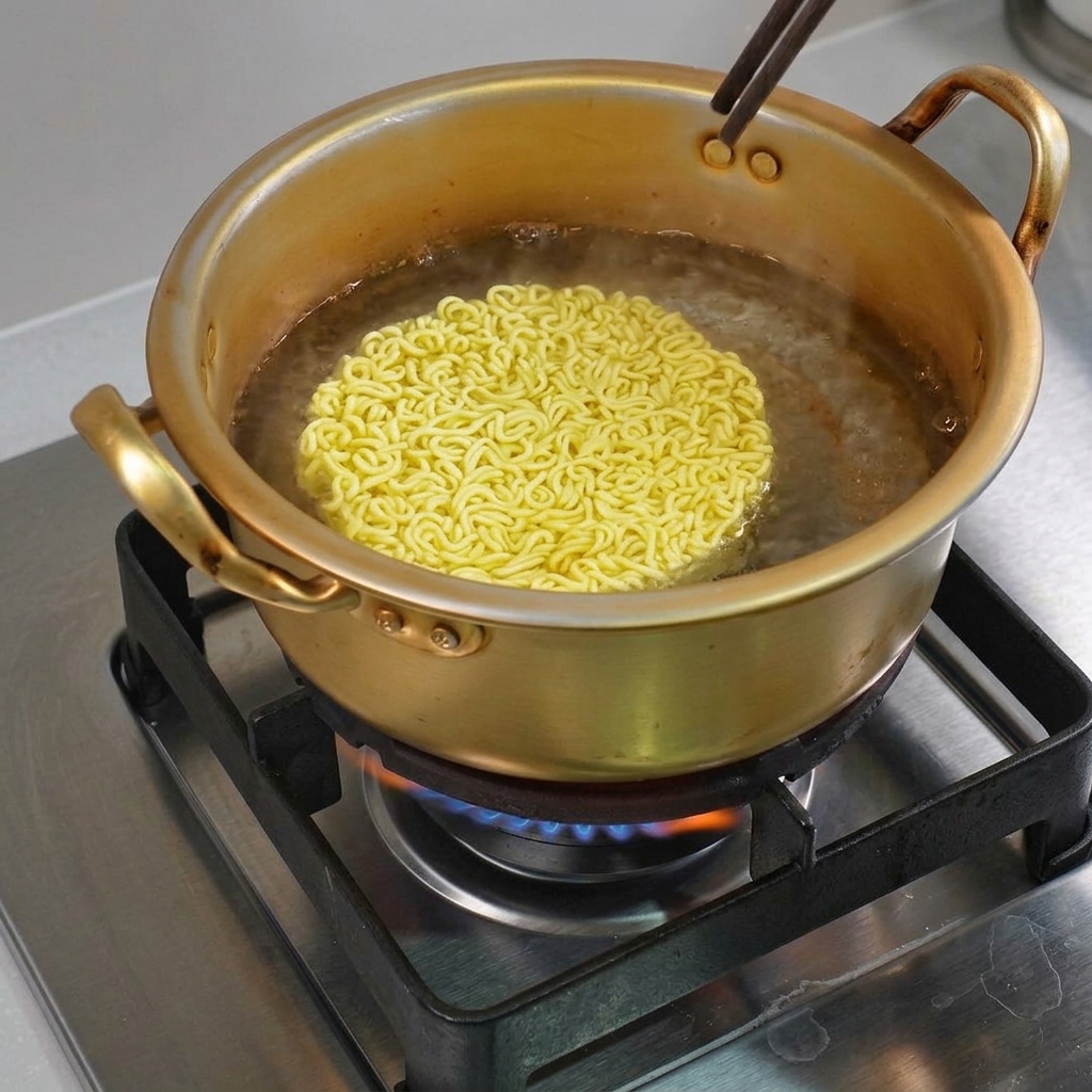 Noodles di ramen che bollono in una pentola dorata.