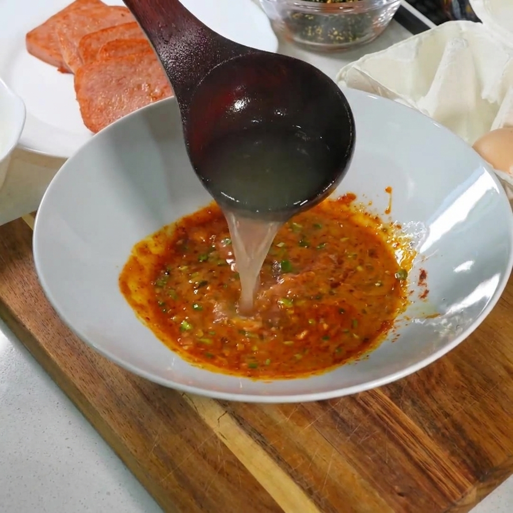 Acqua bollente dei noodles versata in una ciotola con la base alluovo.