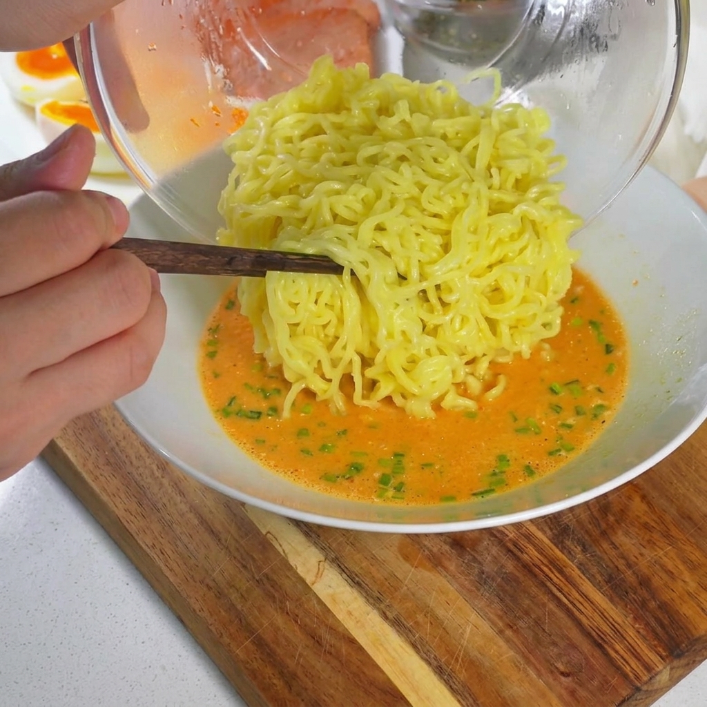 Noodles cotti trasferiti con le bacchette in una ciotola di zuppa cremosa.