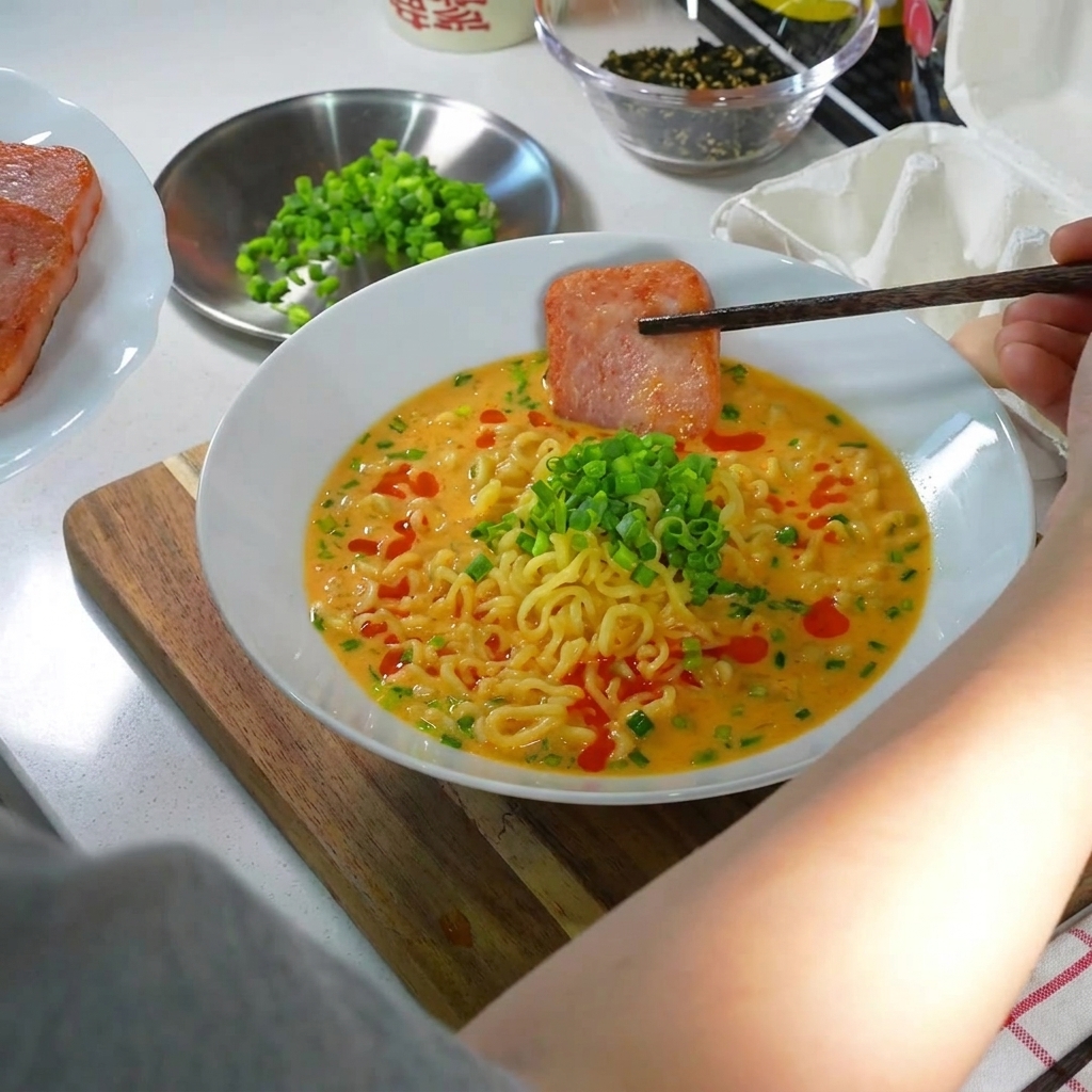 Ciotola di ramen con SPAM fritto, uovo barzotto, cipollotti e olio al peperoncino.