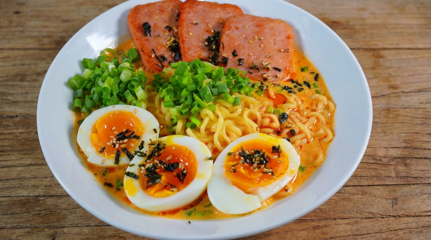 Una ciotola di ramen speziato guarnita con uova barzotte, fette di SPAM dorate, cipollotti freschi e strisce di alga nori.