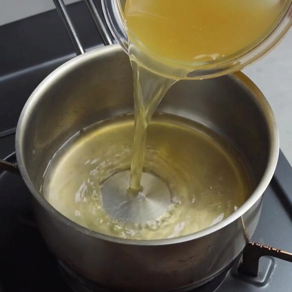 Brodo di pollo versato in una casseruola per iniziare la preparazione.