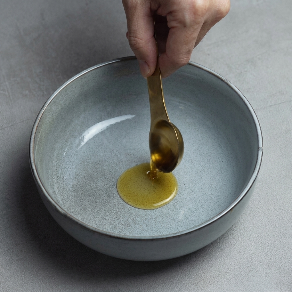Olio di sesamo aggiunto in una ciotola prima del brodo e dei noodles.