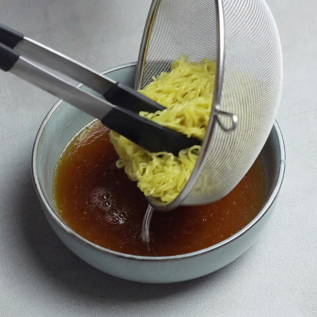 Noodles appena cotti immersi nel brodo scuro.